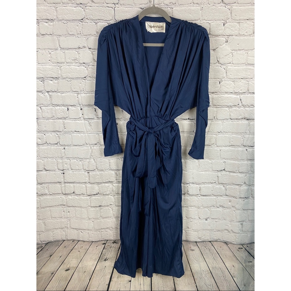 Vintage Victor Costa Dress Blue Gathered Belted Cocktail Party Wedding Womens 6